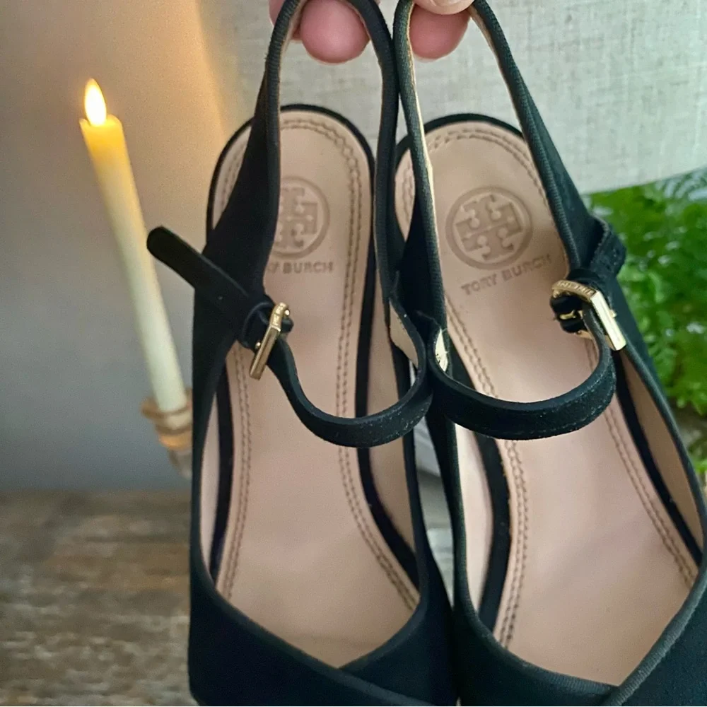 Tory Burch Ollie Black Suede Platform Wedge Slingback Heel Sandals Womens 8 M‎